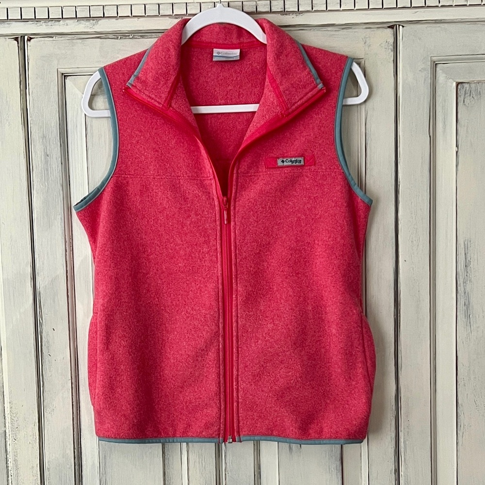 🟠COLUMBIA Benton Springs Fleece Vest w/Pockets in Coral w/Gray Trim SMALL